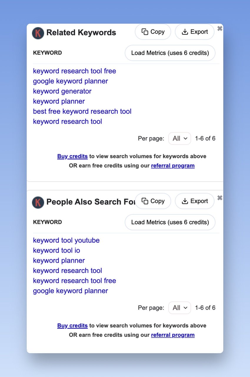 Keywords Everywhere tool extention example on the Google search result showing related keywords for seed keyword "Keyword tools"