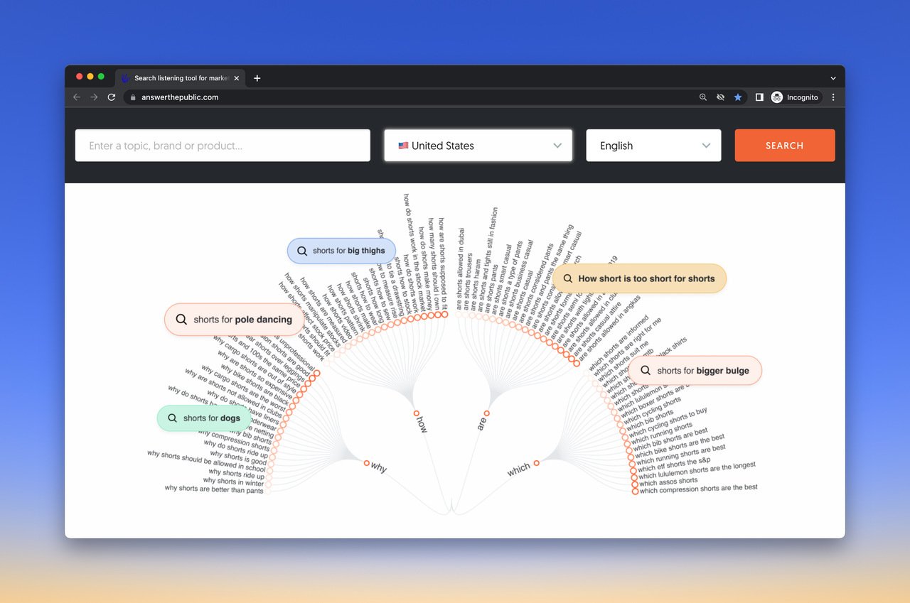 Answer the public free keyword research tool homepage with a section on top to choose the keyword, choose the country and the language