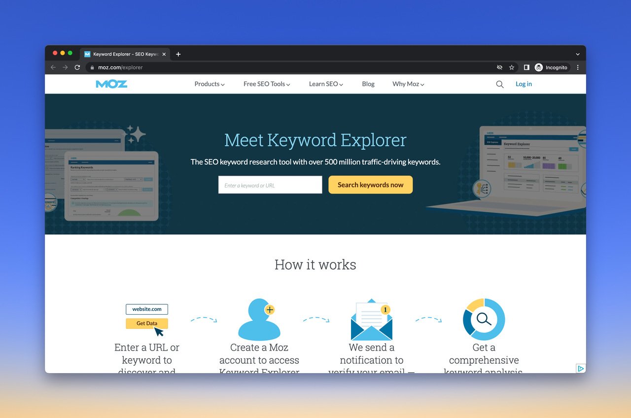 MOZ free keyword research tool homepage with a title that says "Meet Keyword Explorer" with a section to enter a URL or keyword and a yellow CTA that says "search keywords now"