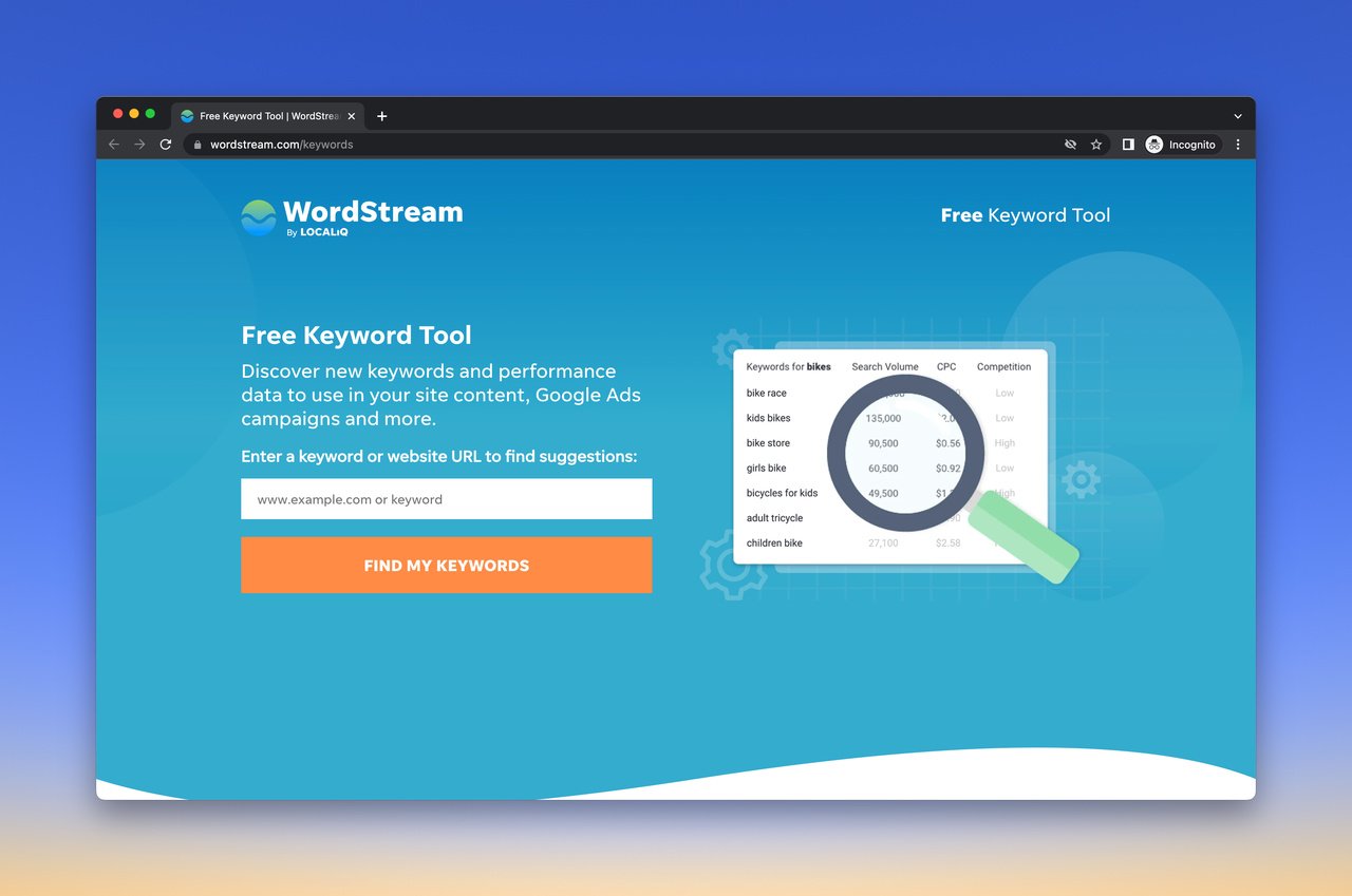 WordStream free keyword research tool homepage with the logo of the tool and a section to enter the seed keyword and an orange call to action that says find my keywords