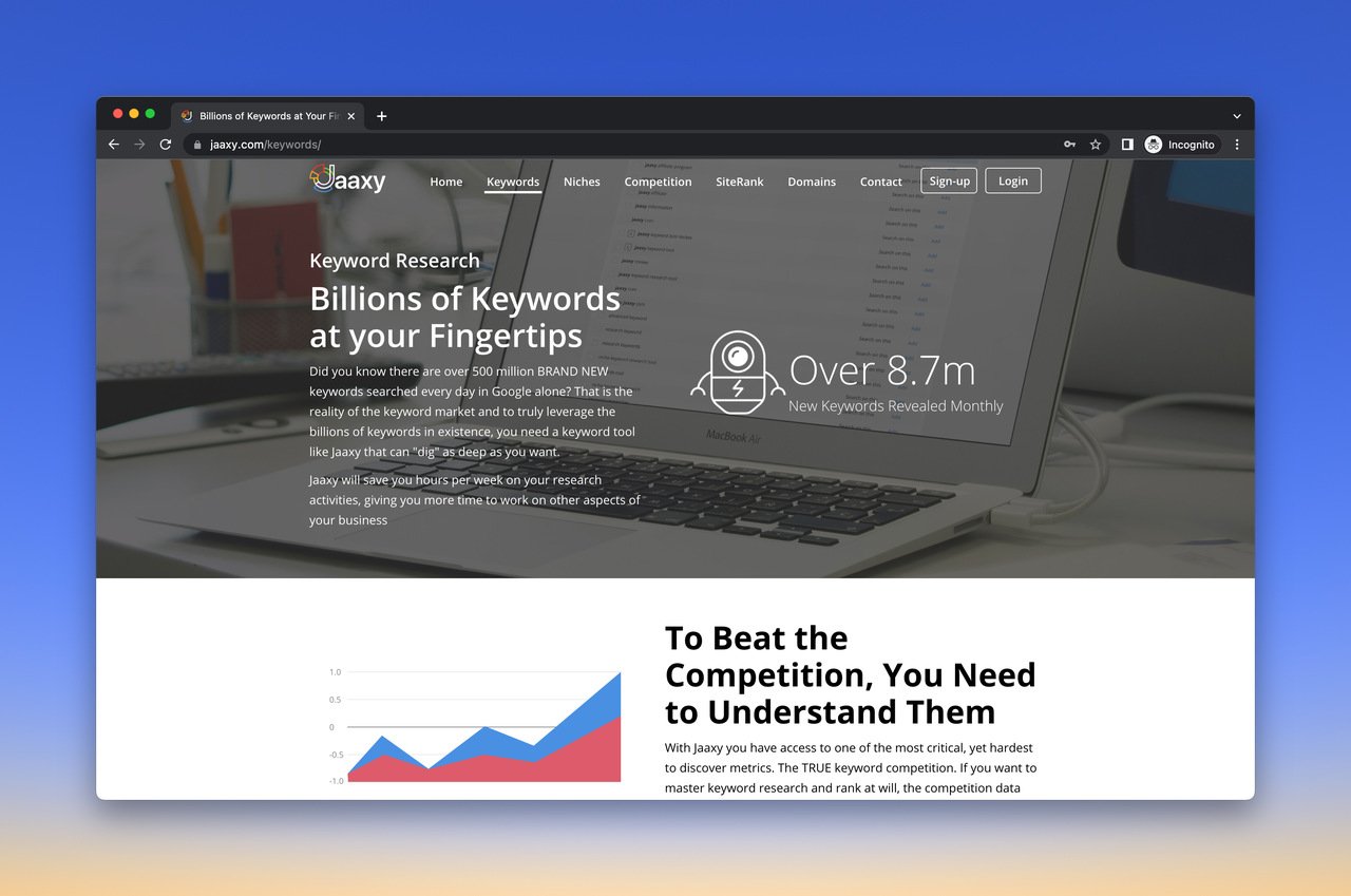 Jaaxy free keyword research tool homepage with a text on top of the page that says "Billions of Keywords at your Fingertips" and a picture of a laptop in the background