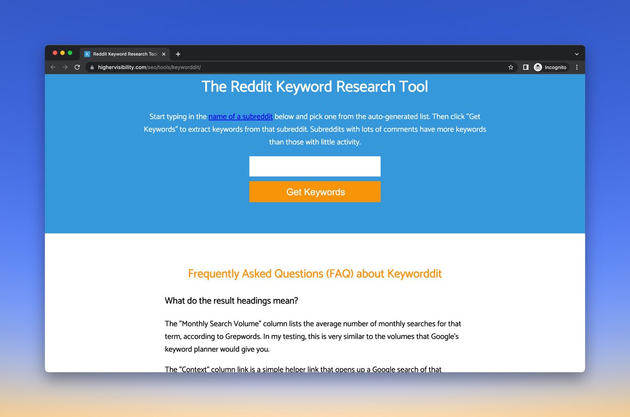 Keyworddit free keyword research tool homepage with a section to add the seed keyword and an orange CTA that says "Get Keywords" on the top and the Frequently Asked Questions section on the bottom of the page