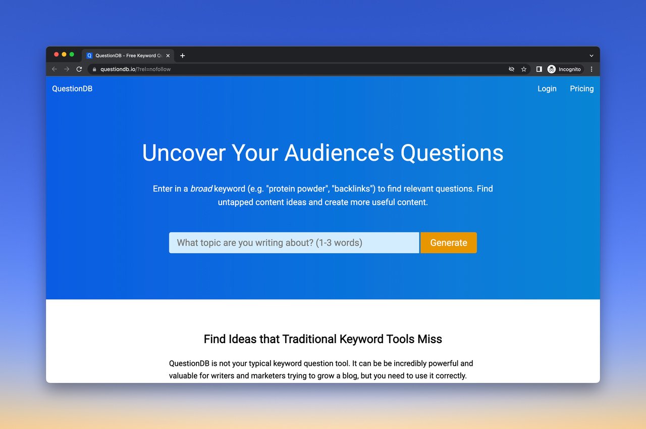 QuestionDB free keyword research tool homepage with a blue background and a title that says "Uncover Your Audience's Questions" and a section to add the seed keyword