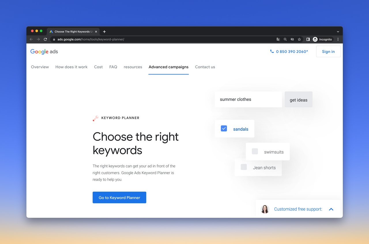 Google Keyword planner tool, Google Adwords  homepage with a title that choose the right keywords