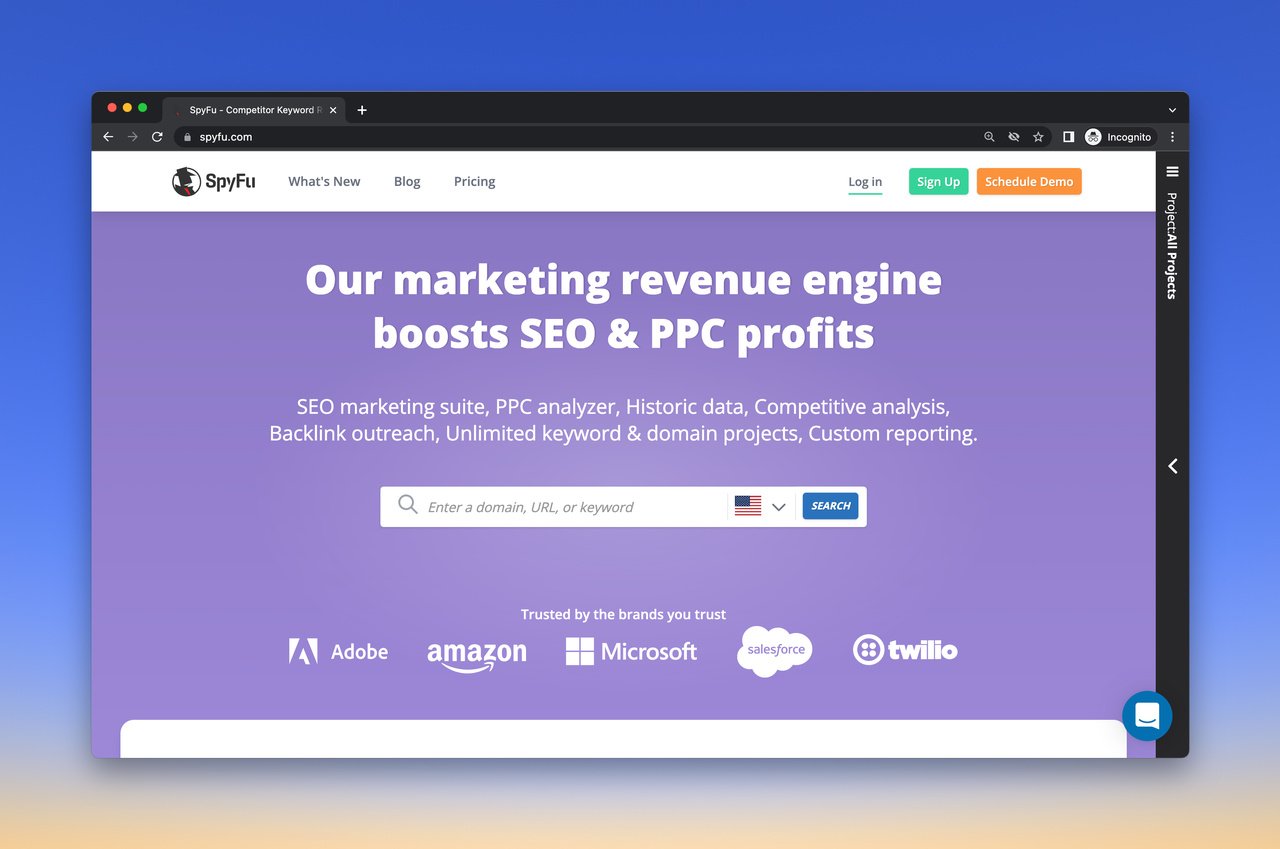 SpyFu free keyword research tool homepage with a title that says "Our marketing revenue engine boosts SEO & PPC profits"