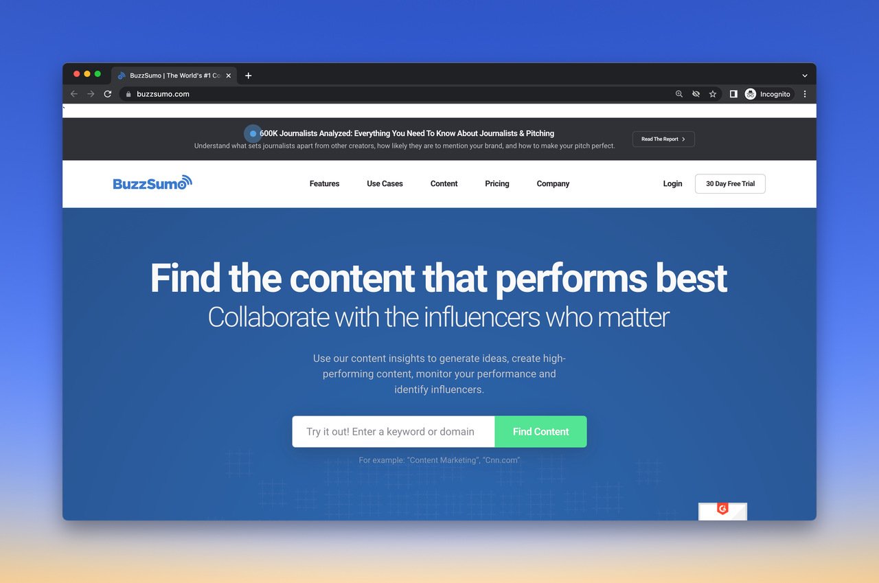 BuzzSumo free keyword research tool homepage with a blue background and a title in big fonts that says "Find the content that performs best Collaborate with the influencers who matter"