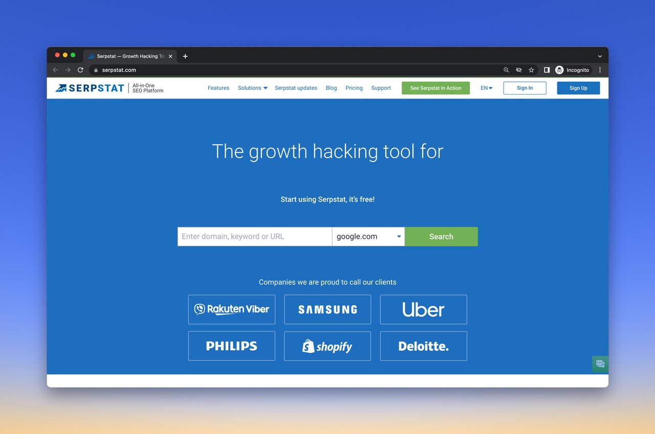 Serpstat free keyword research tool homepage with a blue background and a title that says "The growth hacking tool for"