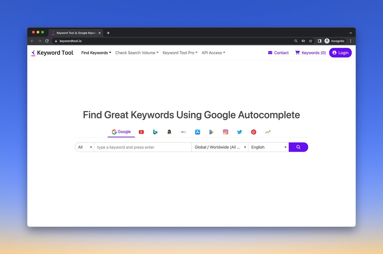 Keyword tool homepage with a title that says "Find Great Keywords Using Google Autocomplete" and a section to add the seed keyword and an option to choose the platforms such as Twitter, Youtube, Google and Amazon using their logos 