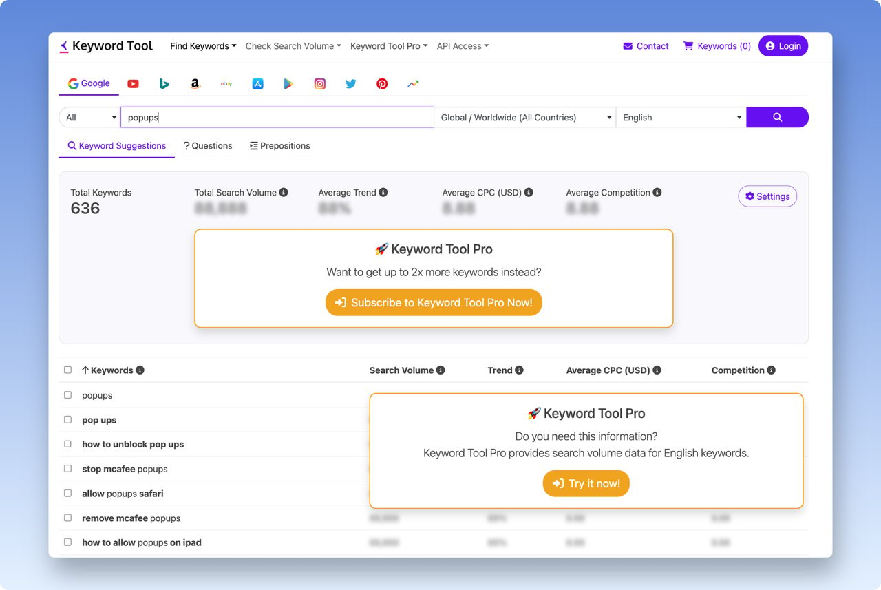 keywordtool.io Keyword research tool example showing total keyword data for seed keyword "popups" and asking the user to upgrade to see the full details