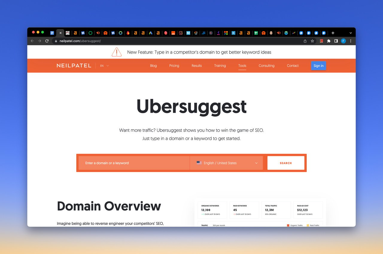 Ubersuggest free keyword research tool homepage with orange theme and a section that asks users to enter keyword or domain for search and a CTA that says "search"