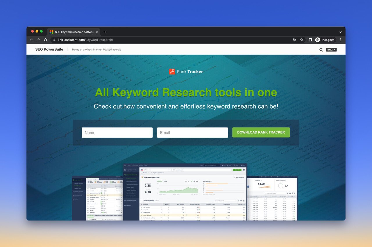 Powersuite free keyword research tool homepage with a title in green color that says "All Keyword Research tools in one" on the top of the page while showing some screenshot of the tool in the bottom