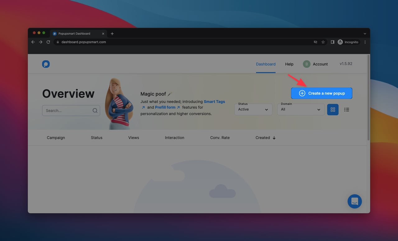 Popupsmart popup builder dashboard with a "create a new popup" button