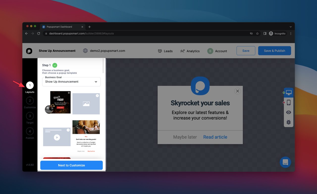 Popupsmart popup builder dashboard with the Layouts page and popup examples