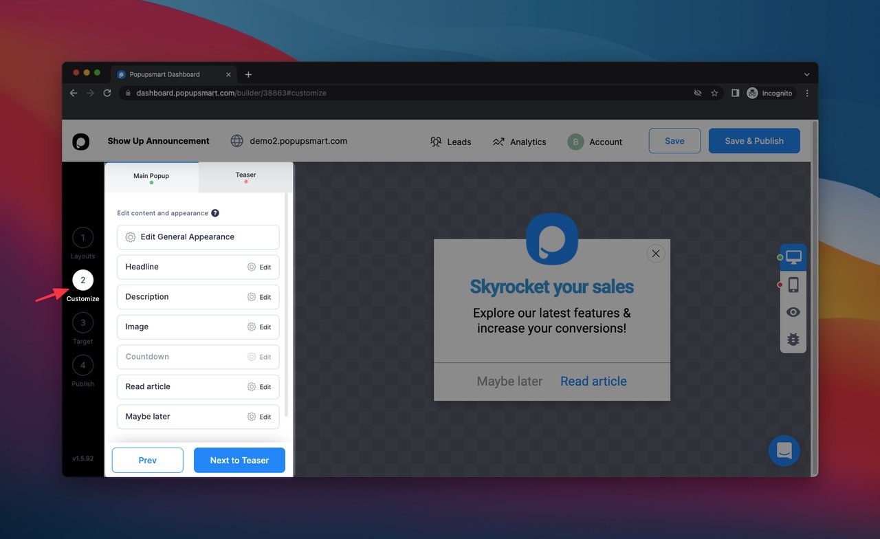 Popupsmart popup builder dashboard with the Customize page