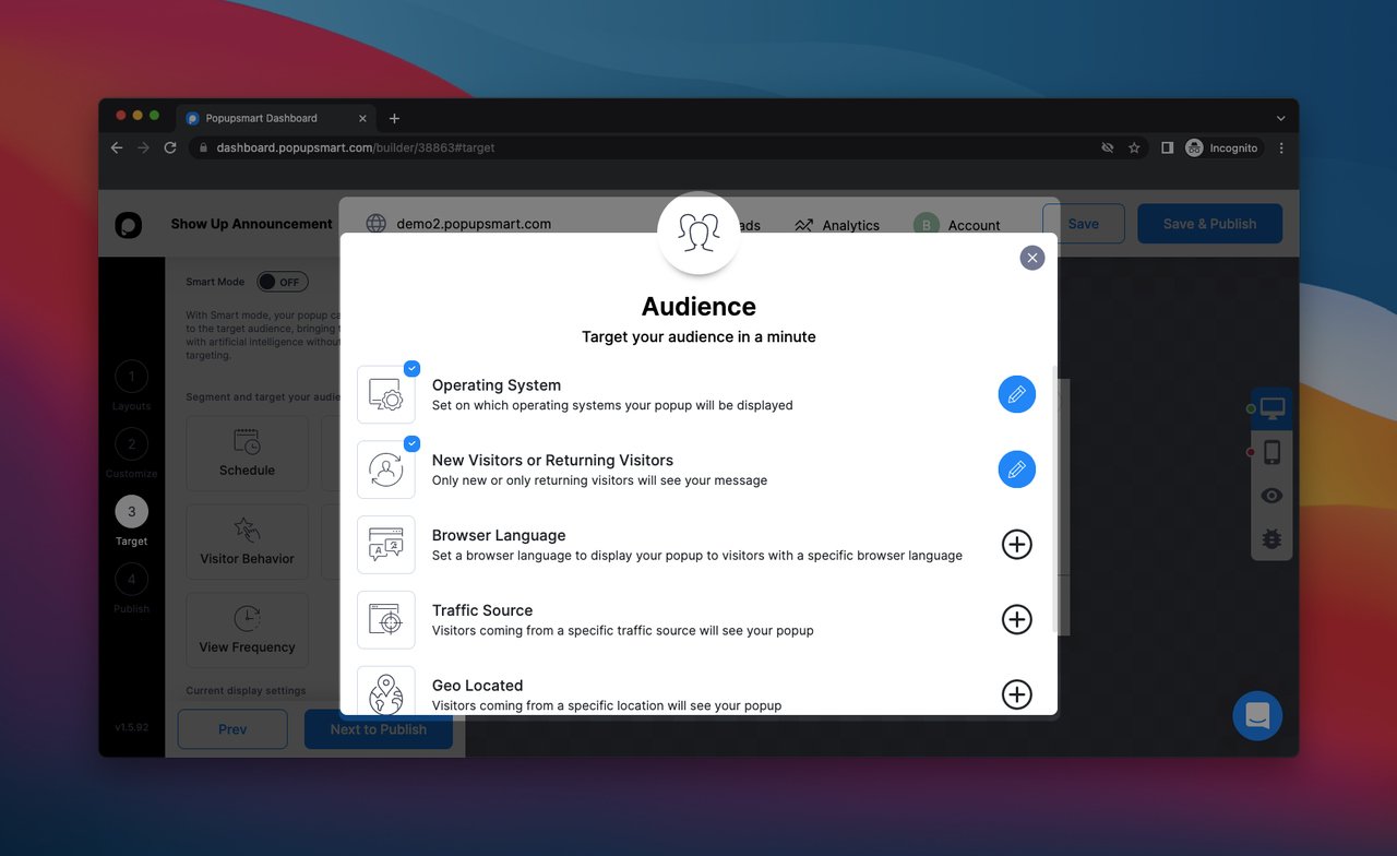 Popupsmart popup builder dashboard with the Audience targeting window