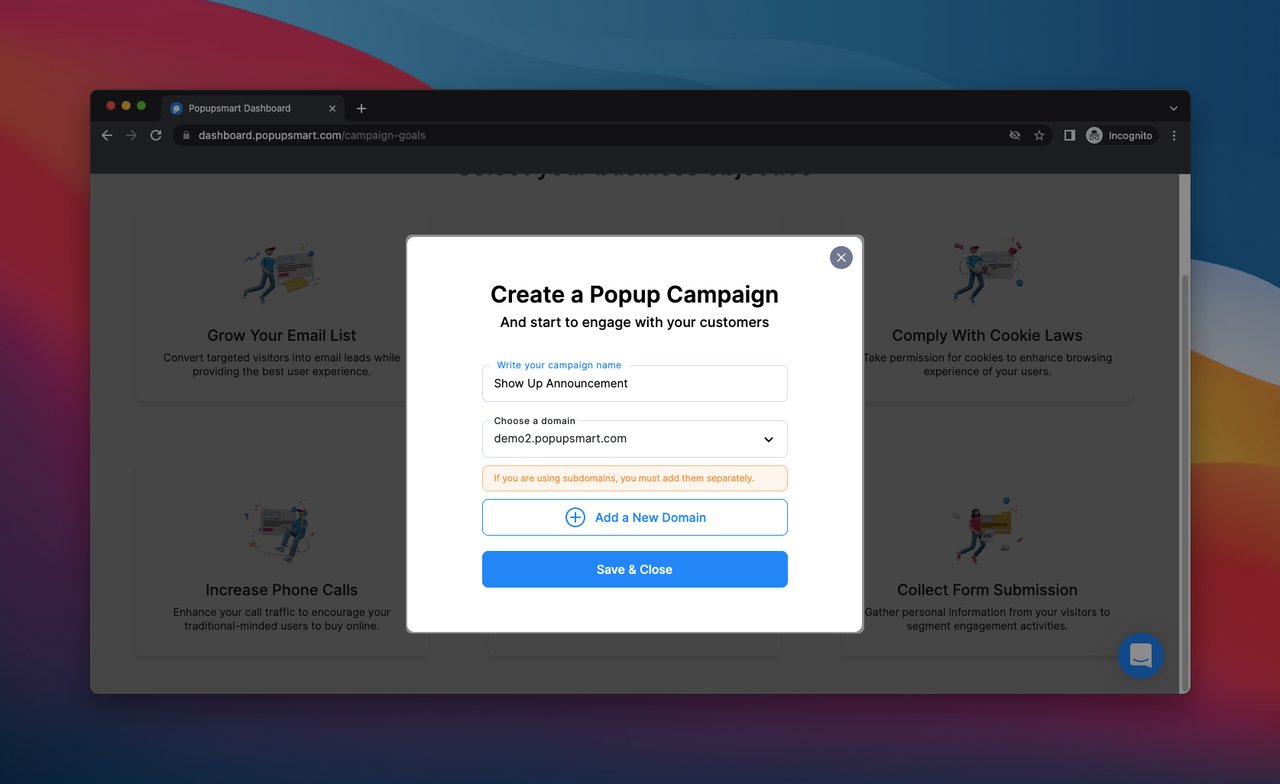 Popupsmart popup builder dashboard with a "Create a Popup Campaign" window