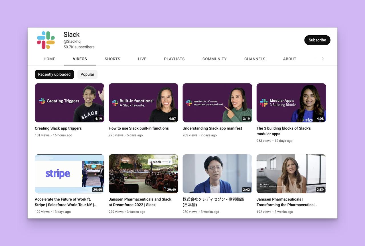 the Slack Youtube channel with the tops videos and their thumbnails