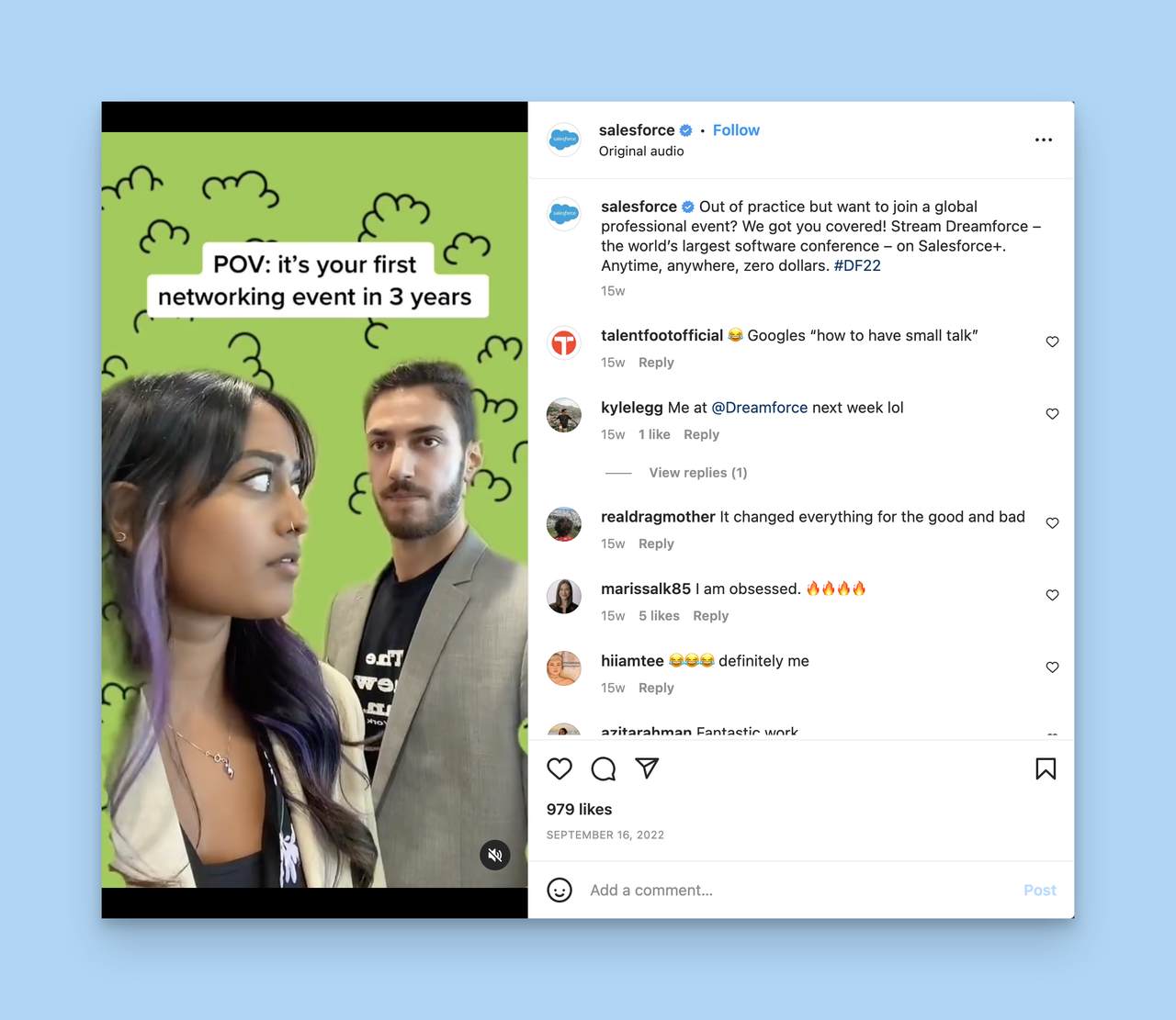 a Salesforce Instagram post showing a girl and a boy confused and a text that says "POV: it's your first networking after 3 years" and the Instagram caption and the comments