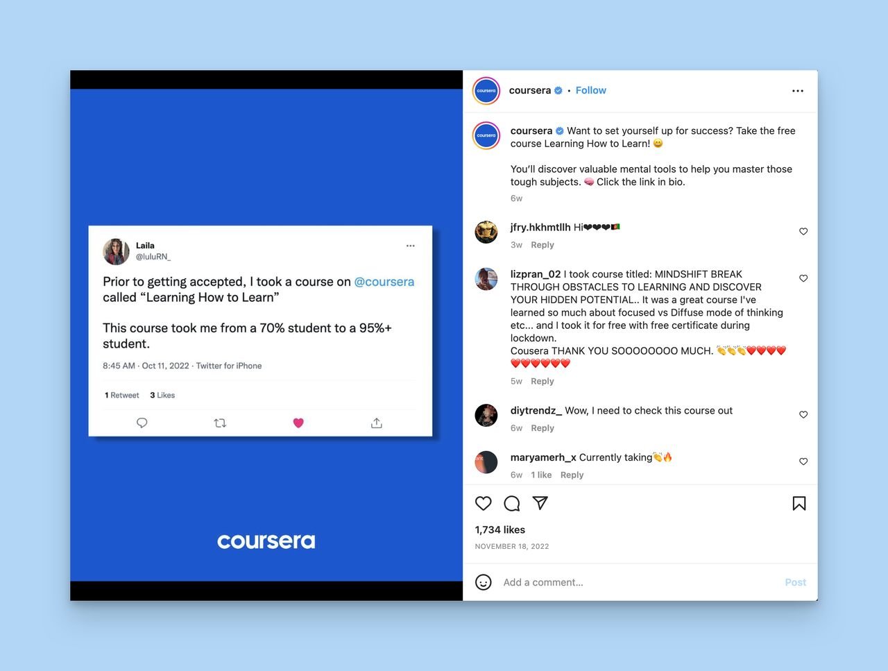 Coursera sharinf a tweet from a stident as a social proofon Instagram