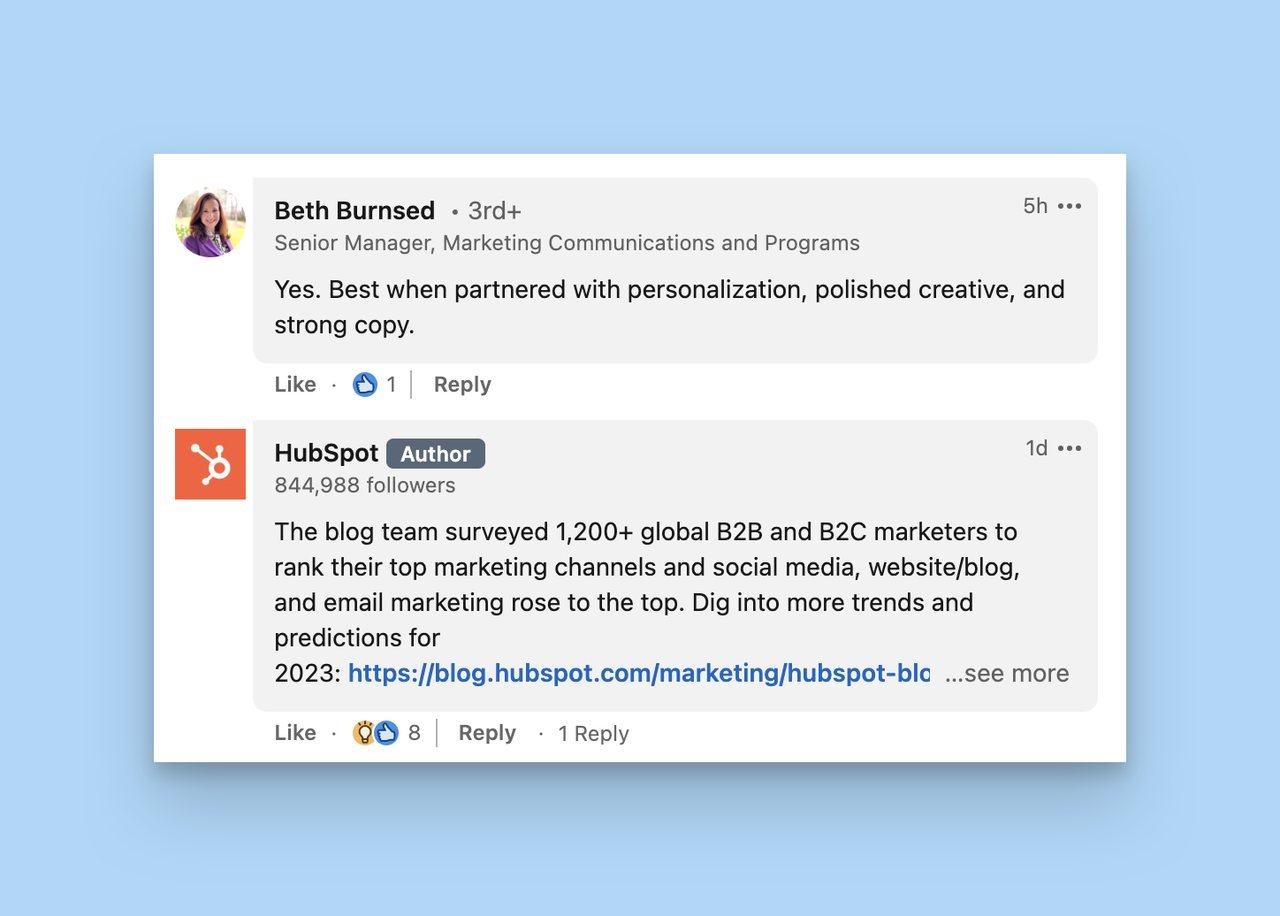 Hubspot account replying toa comment on LinkedIn