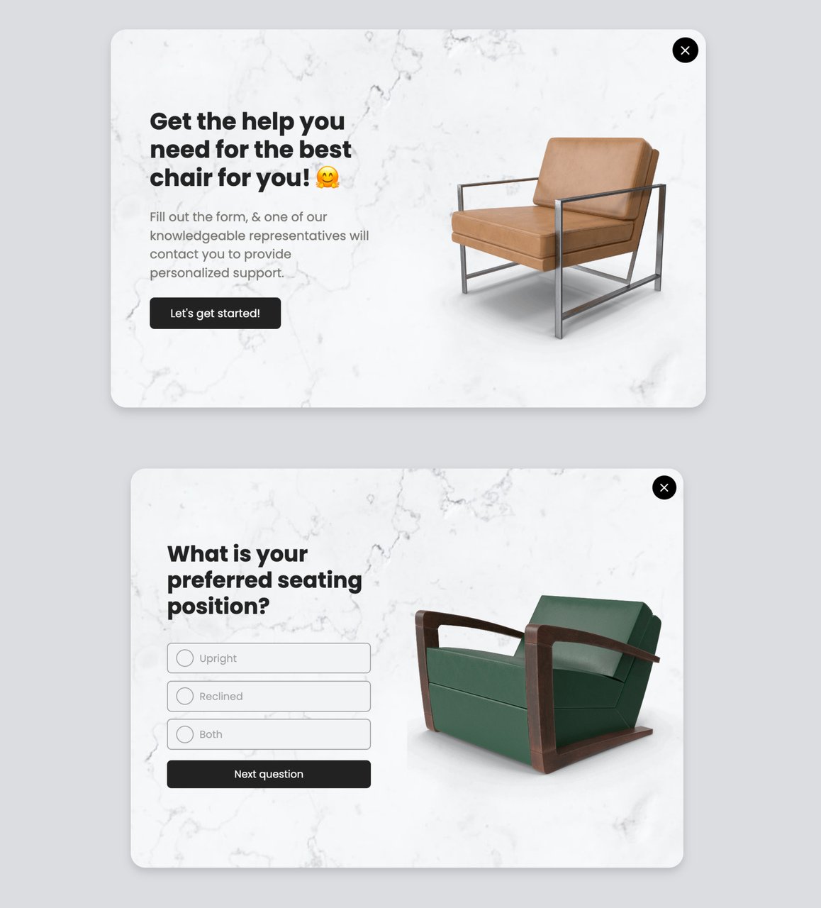 multi-step popup form with a psychographic question related to chair