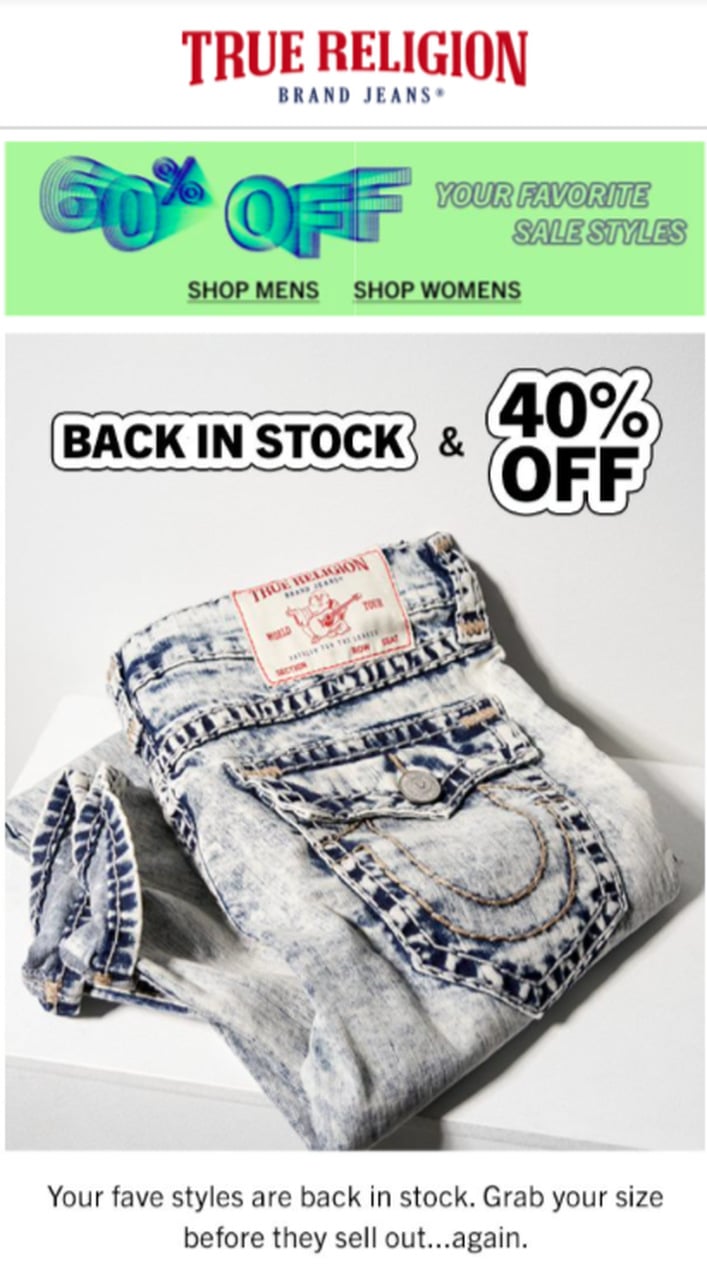 true religion's back in stock email