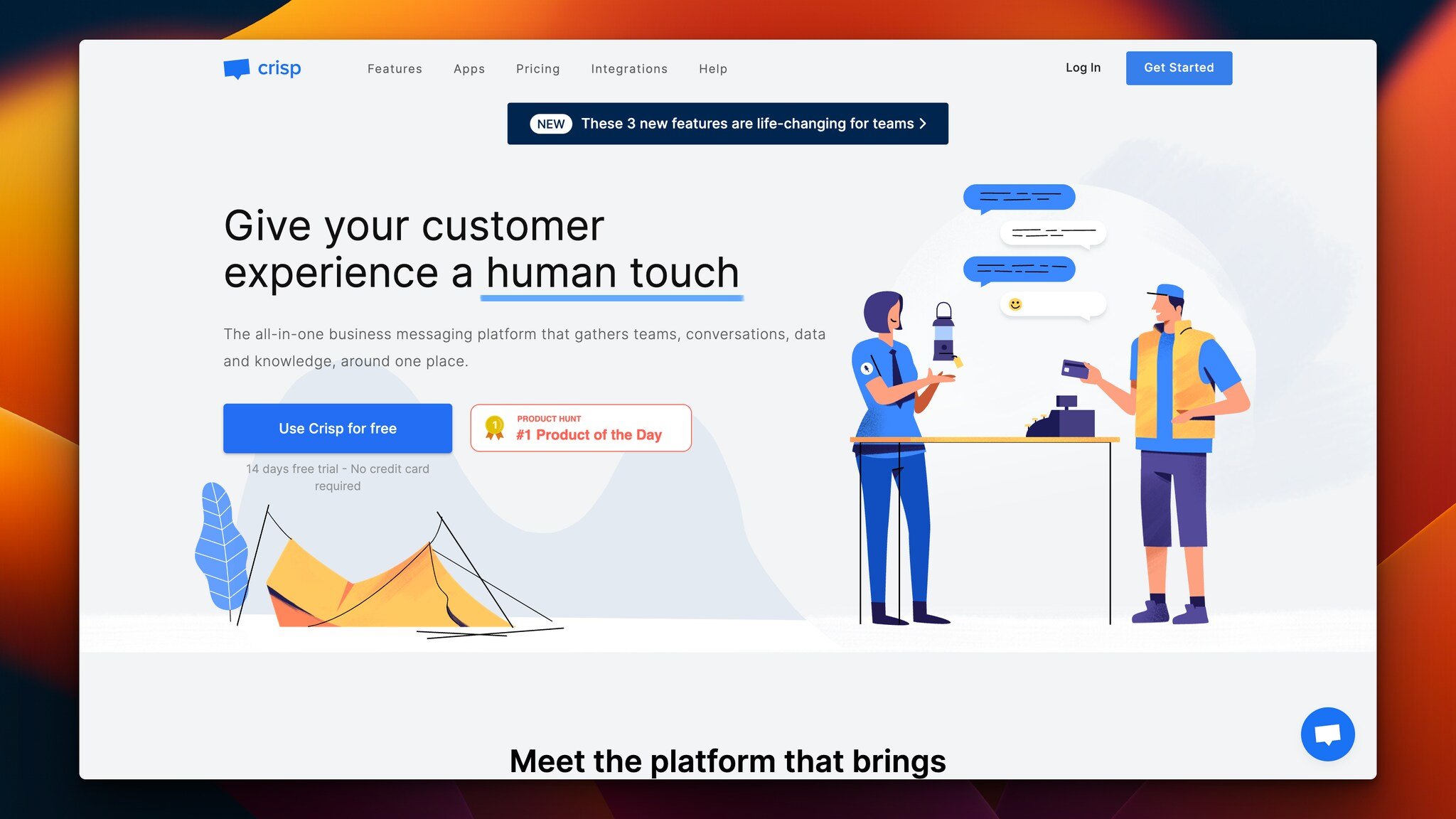 Crisp’s homepage with the headline on the left followed by a blue “Use Crisp for free” button and Product of the day badge, and on the right, there is an illustration of two people chatting at the checkout counter