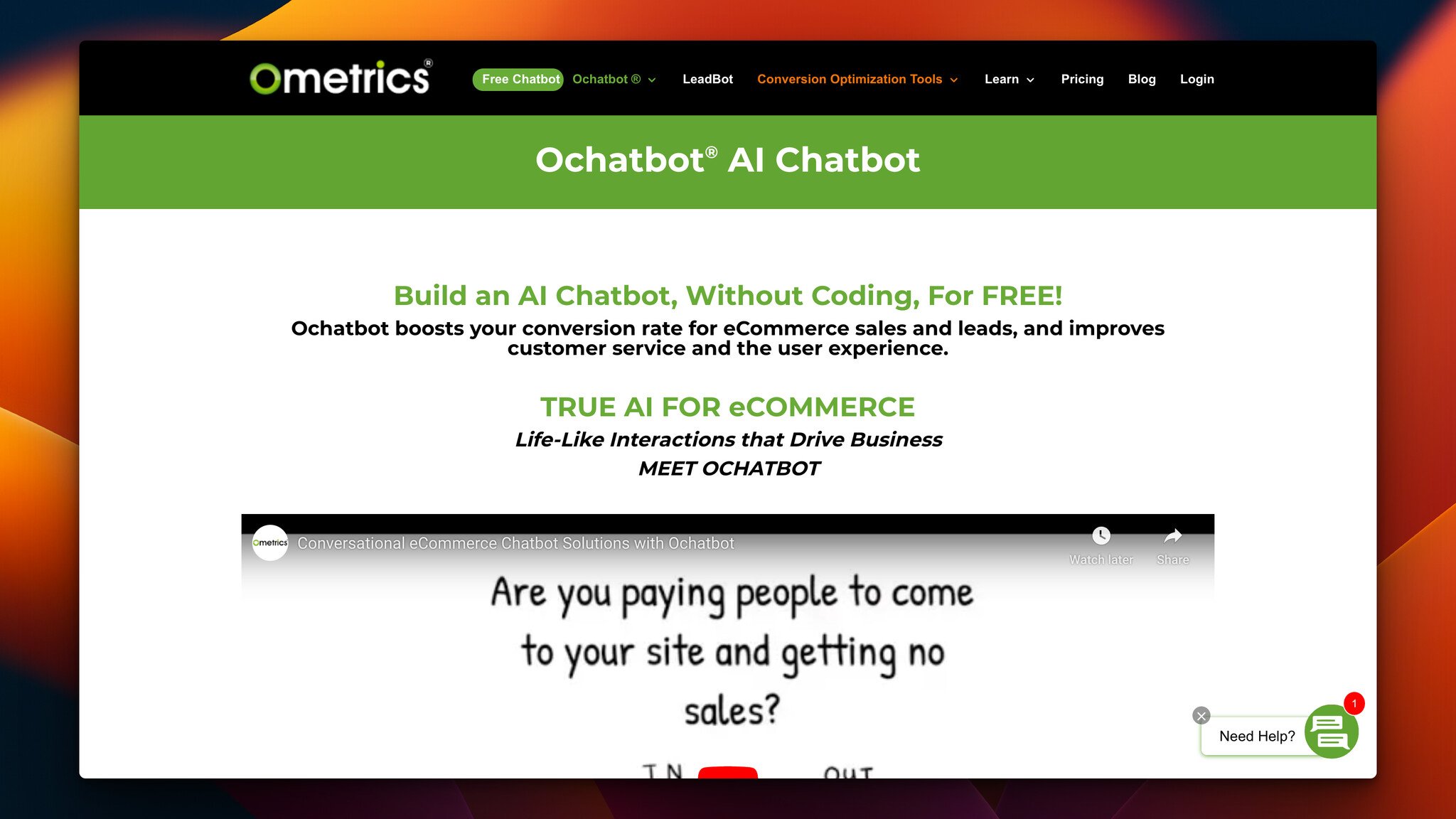 Ochatbot’s homepage with the headline in the center with a short piece of text followed by a video preview window