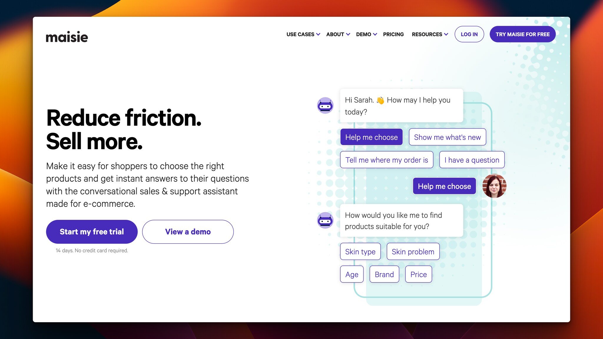 Maisie chatbot homepage with the headline on the left followed by a piece of text and two buttons as “Start my free trial” and “View demo” and on the right, there is a demonstration visual of a chatbot and a person chatting