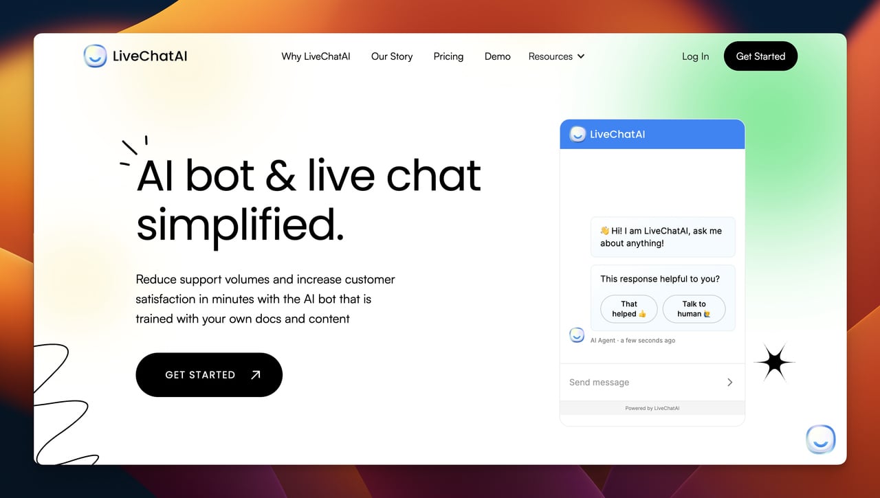 LiveChatAI’s homepage with the headline in the center followed by a get started button and a part of the product preview window is visible