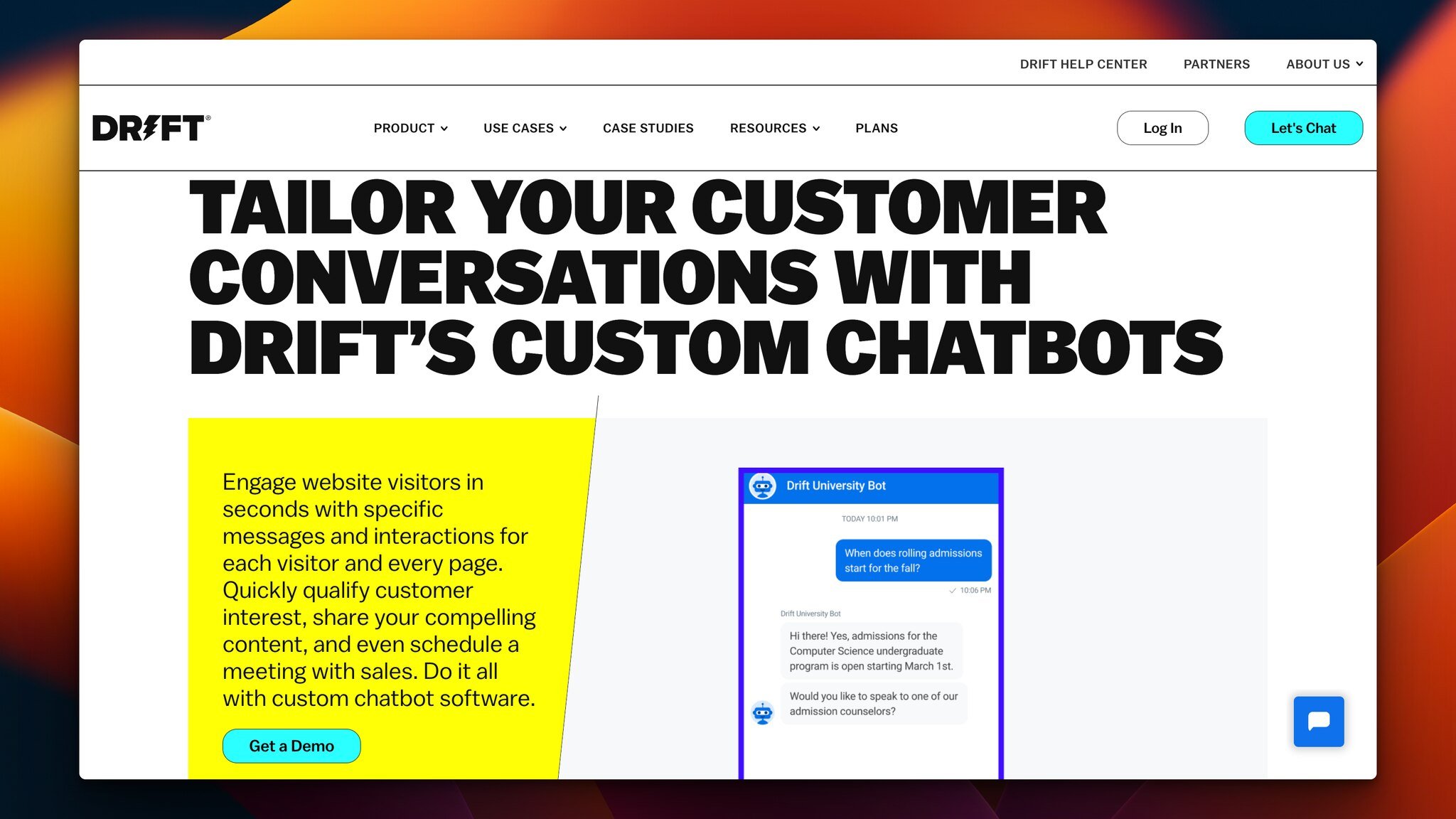 Drift’s homepage with the headline in bold followed by a yellow description and a preview of the chatbot window