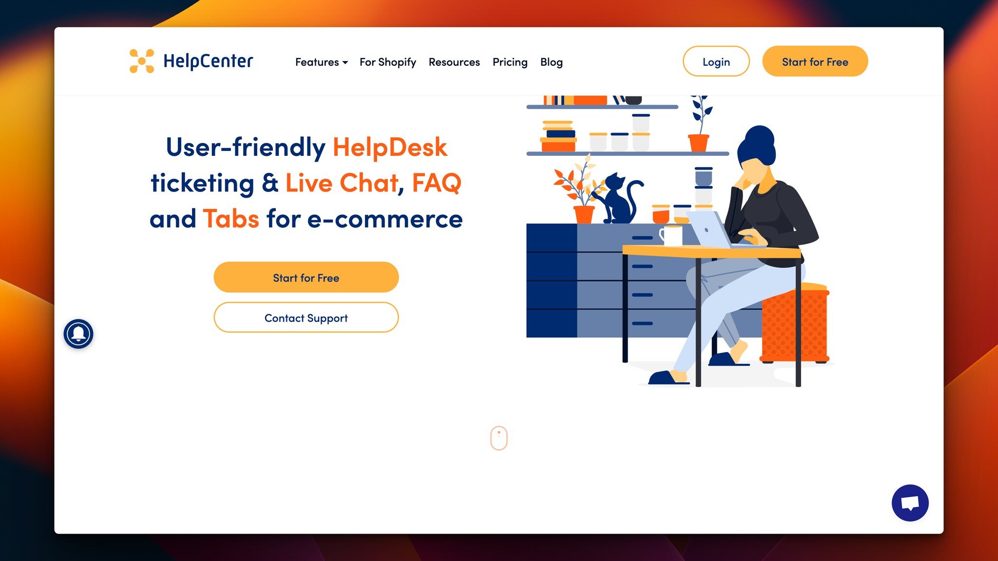 HelpCenter’s homepage with the headline on the left followed by “Start for free” and “Contact support” buttons, and on the right, there is an illustration of a female sitting at the desk with a laptop with home decor items behind her