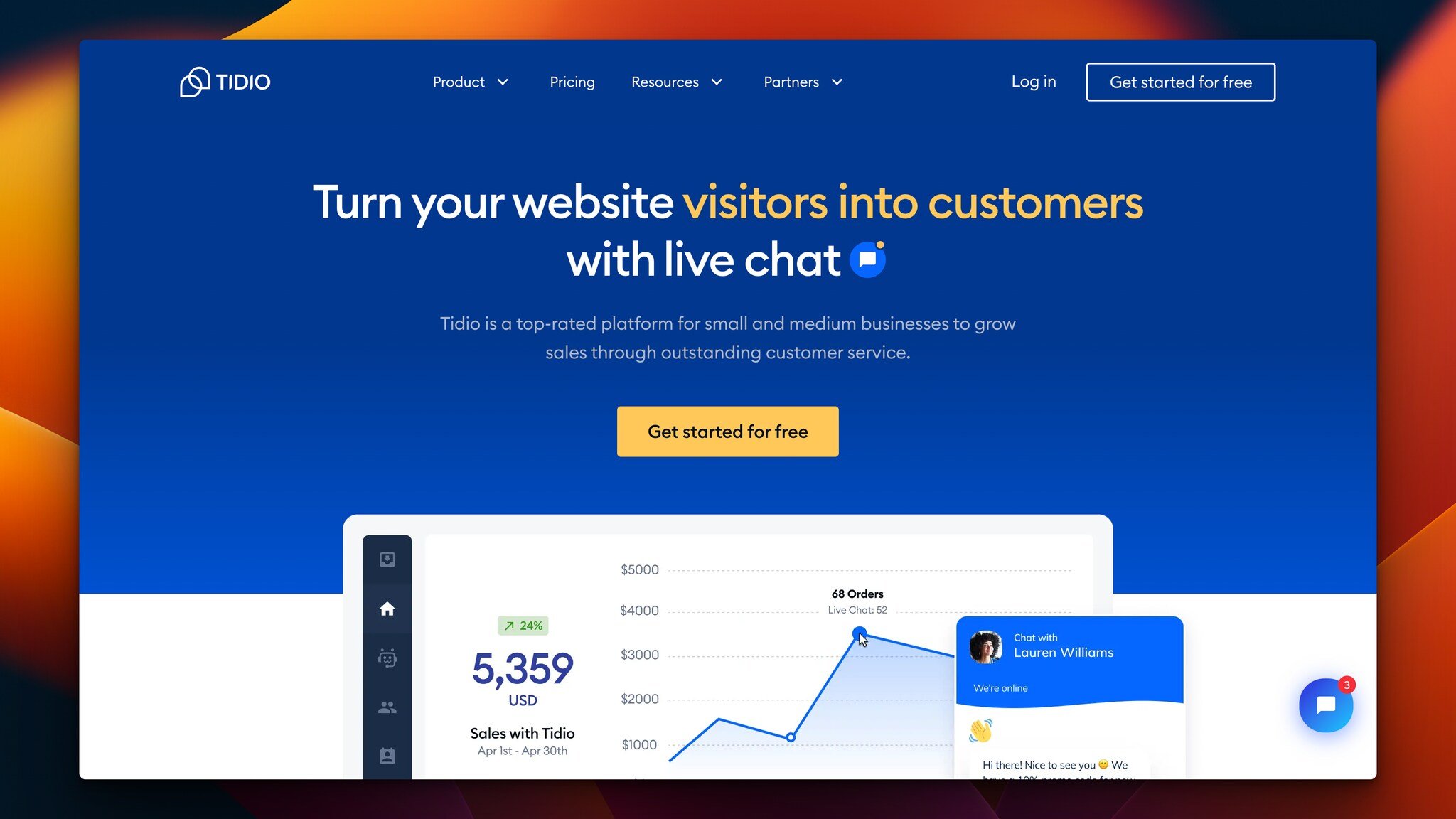 Tidio’s homepage with the headline in the center on a dark blue background followed by a short text and a yellow “Get started for free” button