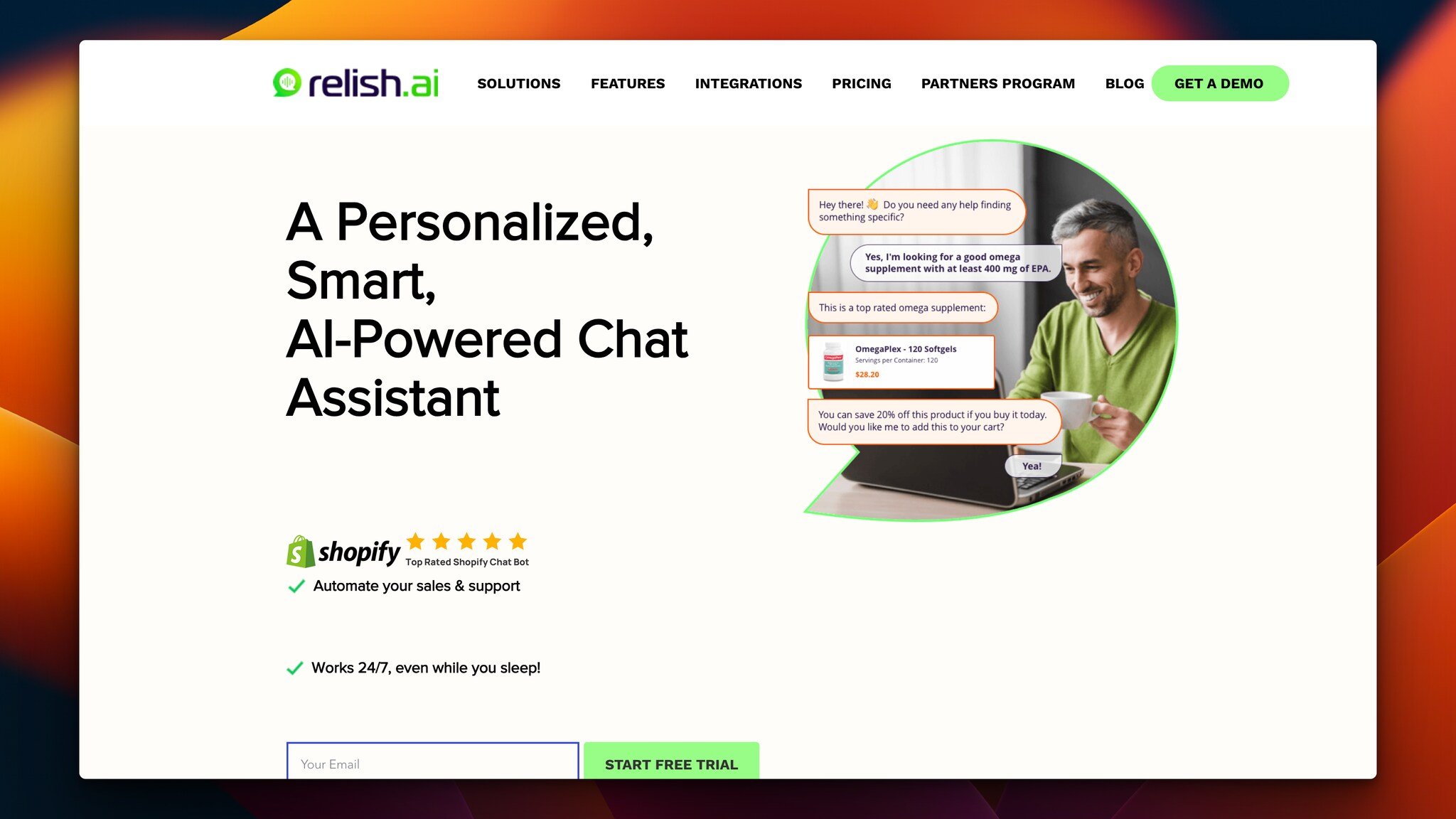 Relish AI’s homepage with the headline on the left followed by Shopify rating and an email field; on the right, there is an image of a man holding a cup and looking at the laptop happily with chat bubbles on it