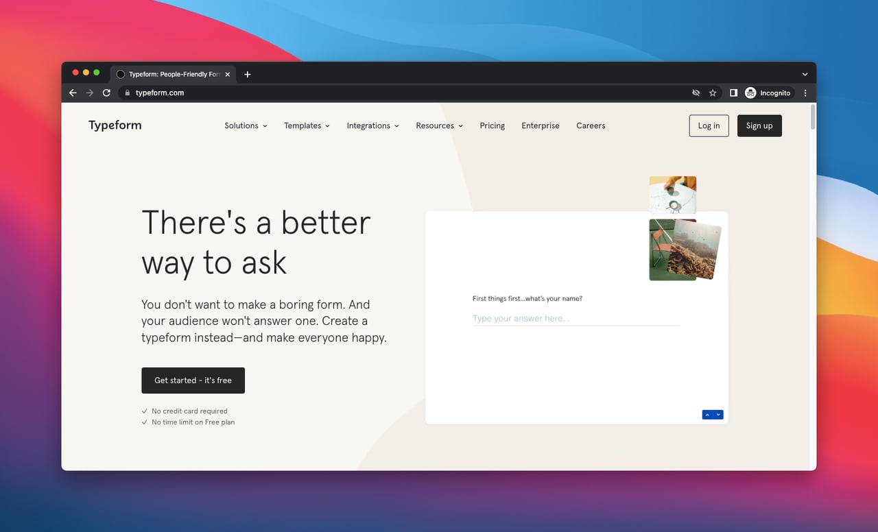 screenshot of the homepage of Typeform, which is a website customer feedback tool