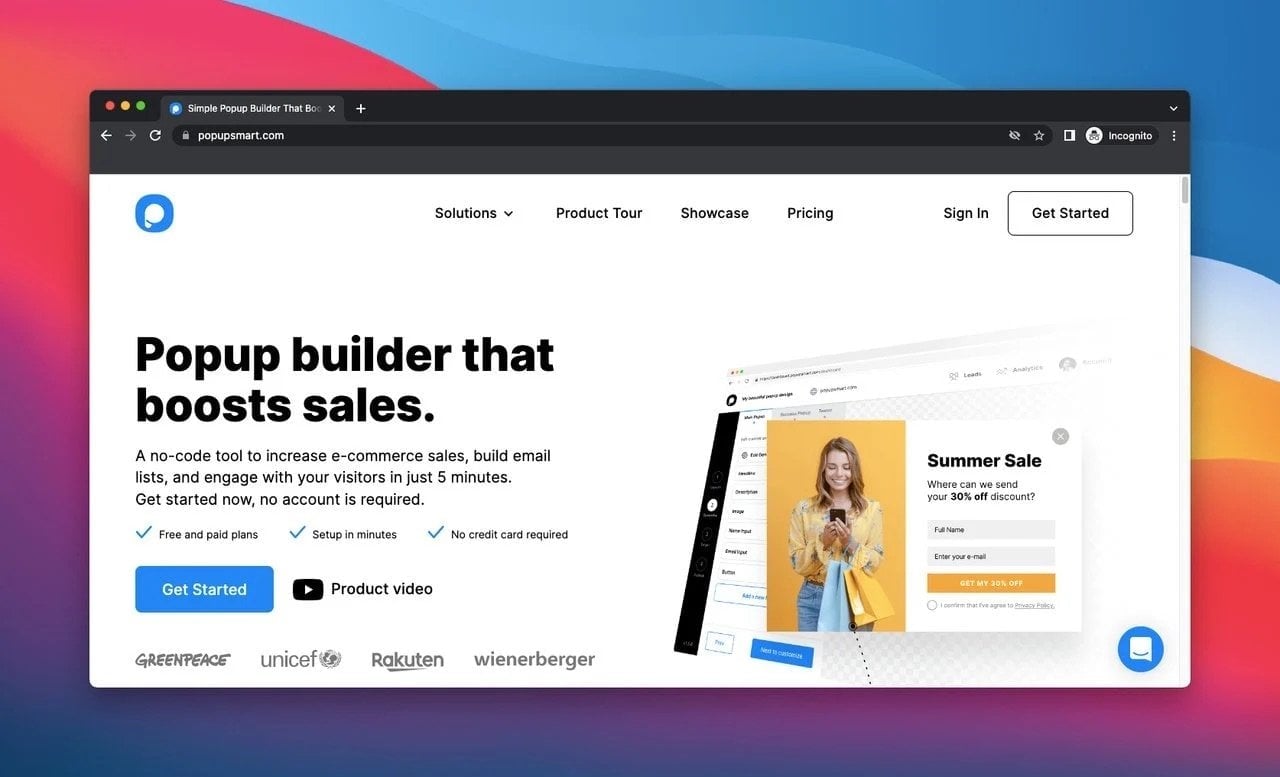 screenshot of the homepage of Popupsmart which is a popup builder