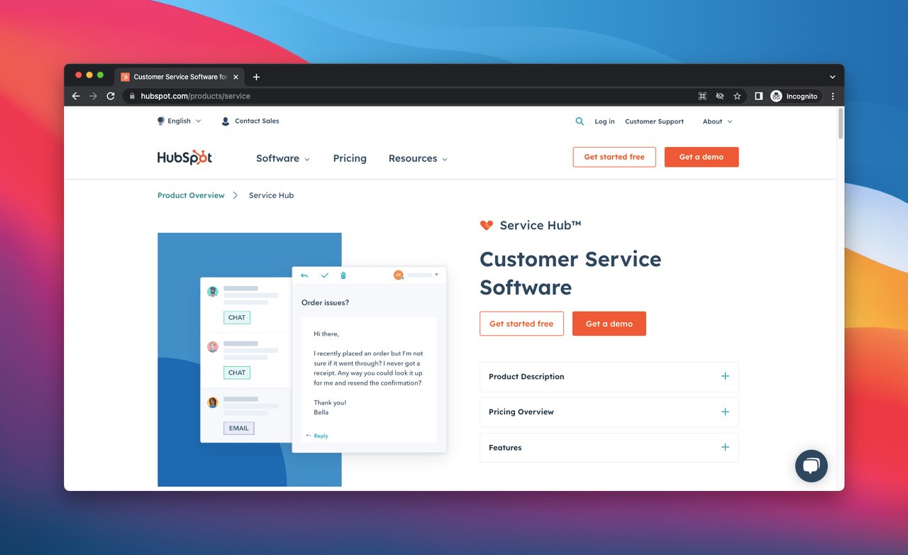 screenshot of the homepage of HubSpot, which is a customer feedback service