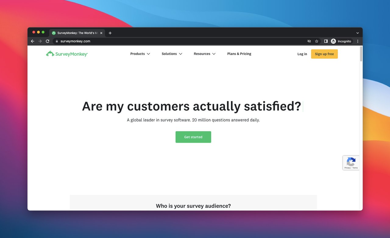 screenshot of the homepage of SurveyMonkey, which is a customer feedback software