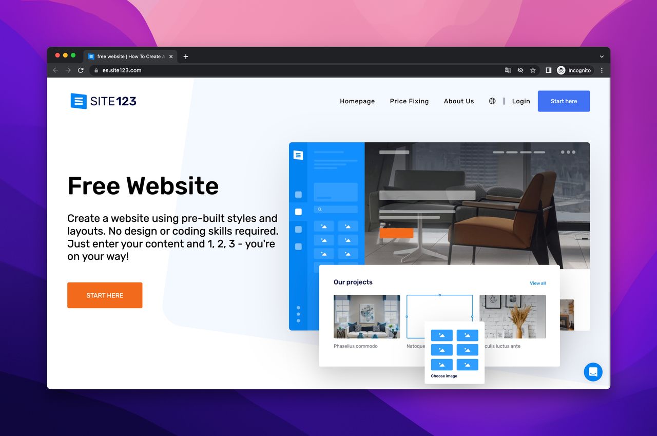 Site123 drag and drop website builder homepage with some text and website illustration