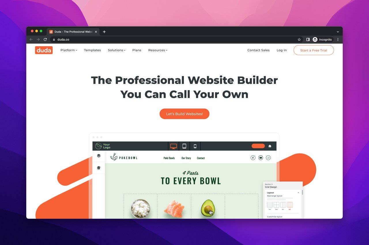 Duda drag and drop website builder homepage with some text and website illustration