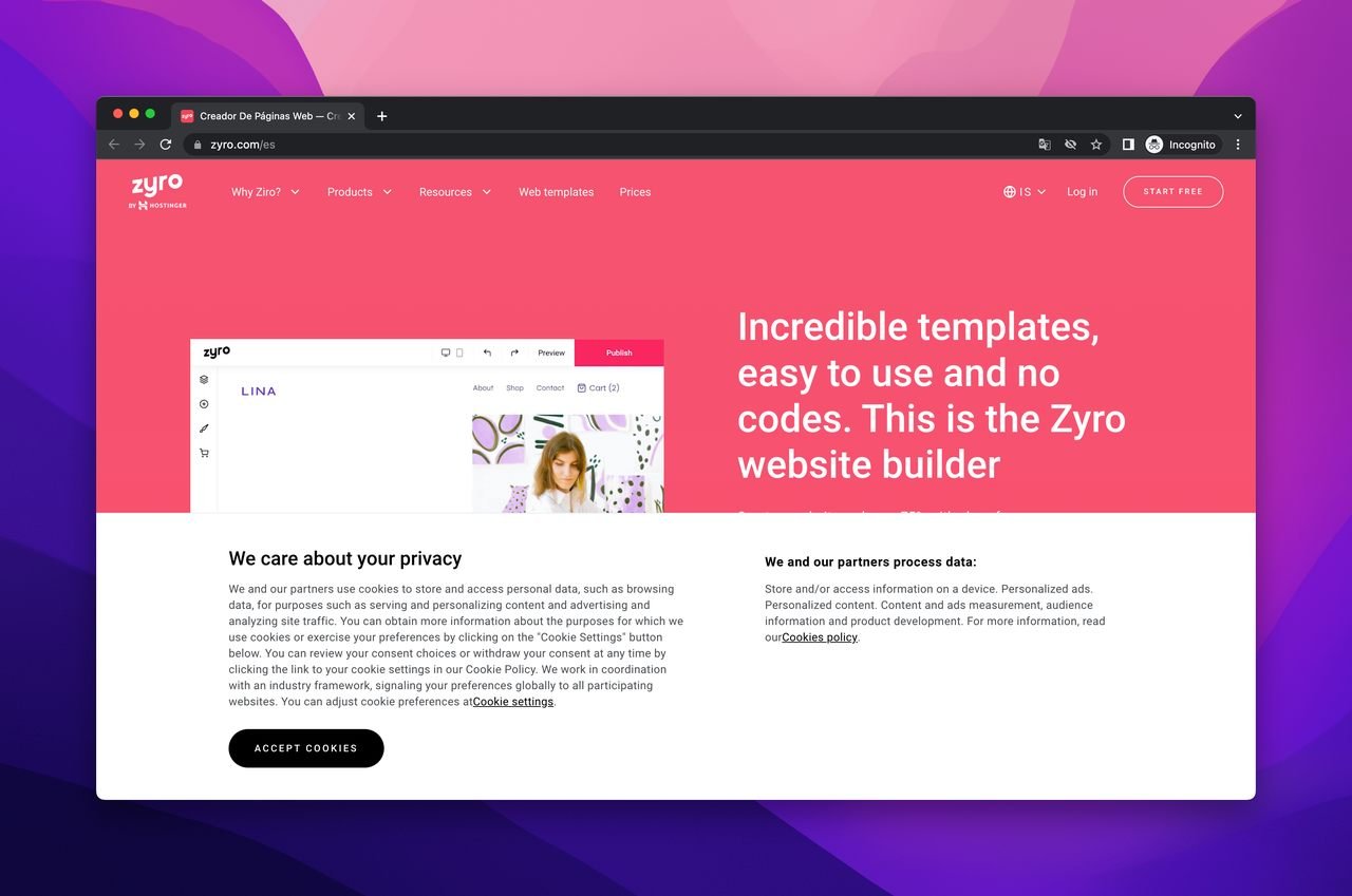 Zyro drag and drop website builder homepage with some text and website illustration