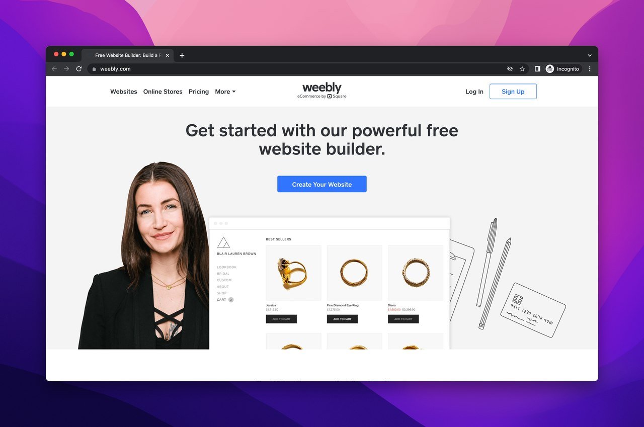 Weebly drag and drop website builder homepage with some text and website illustration