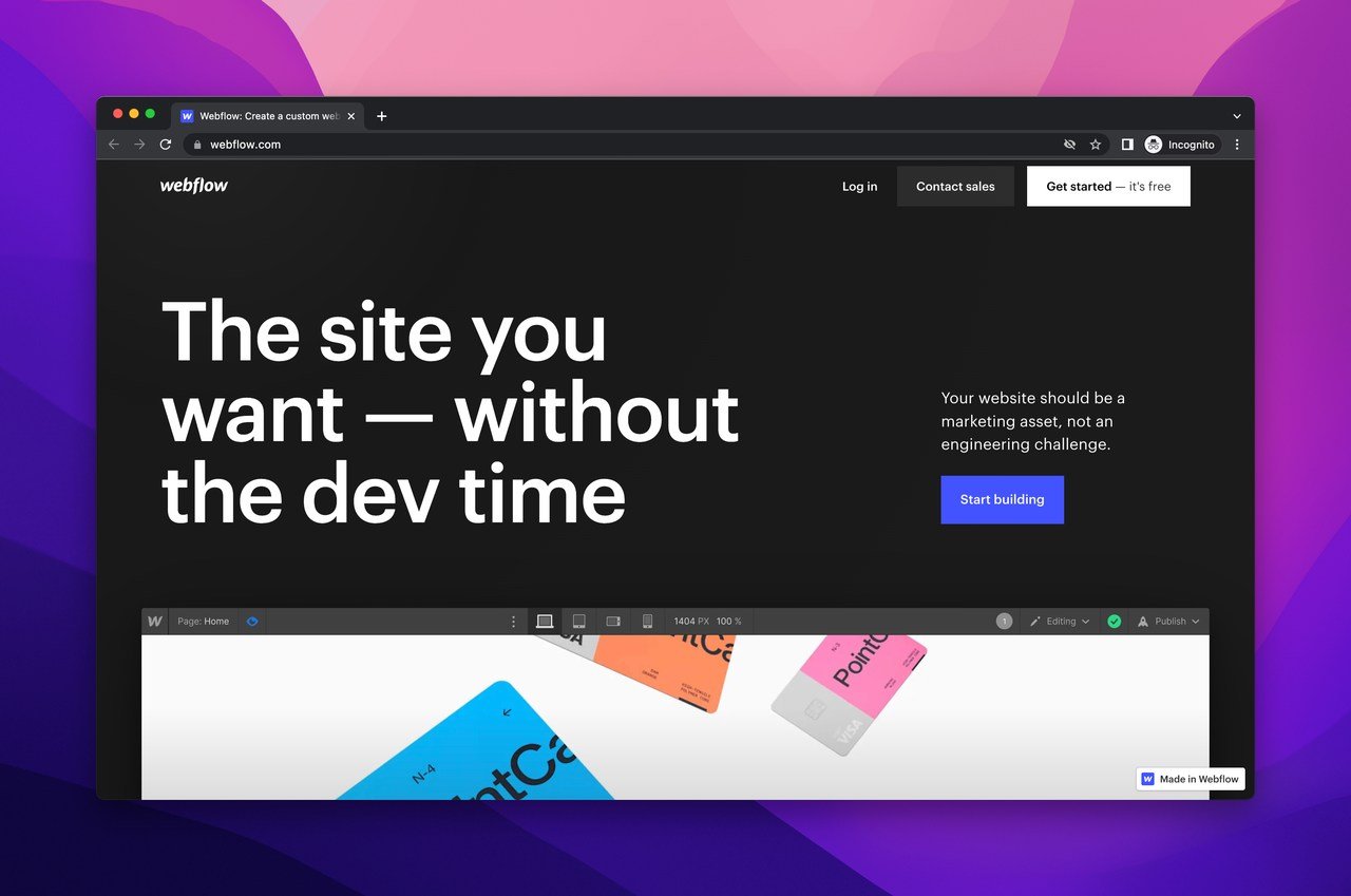 Webflow drag and drop website builder homepage with some text and website illustration