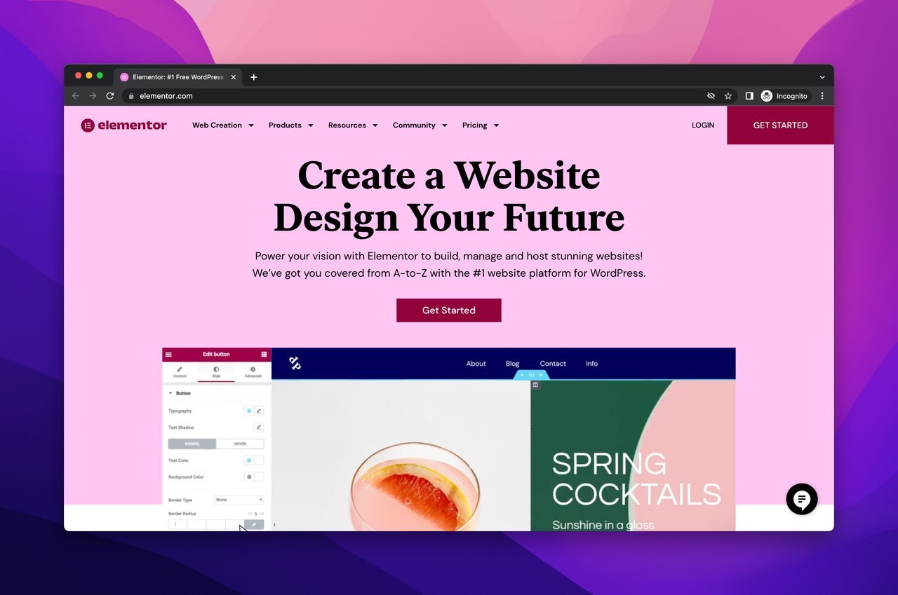 Elementor drag and drop website builder homepage with some text and website illustration