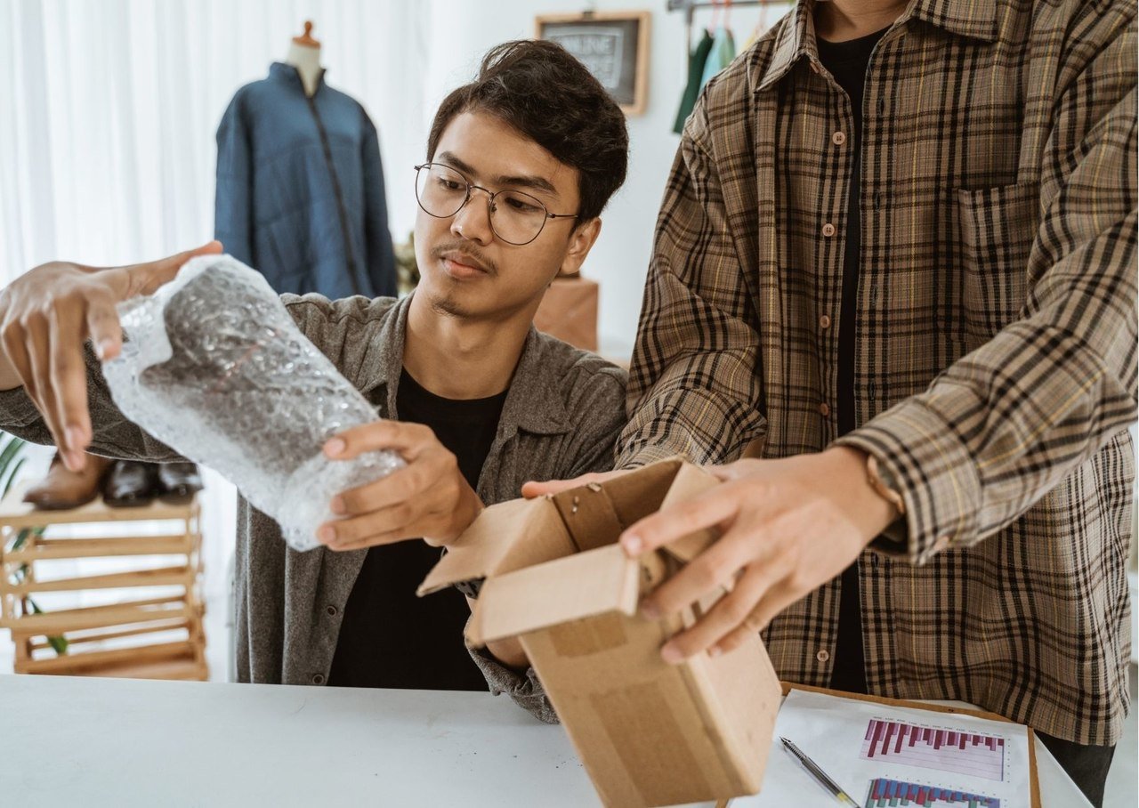 two people, one of them is male with glasses packaging a product for a customer as a part of the dropshipping process