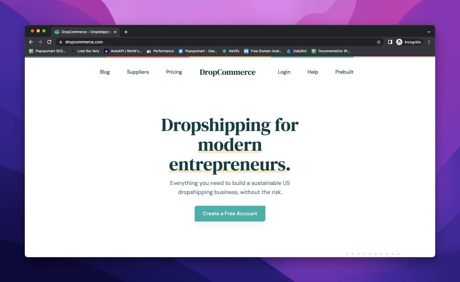 DropCommerce's website with simple above-the-fold and attracting homepage to introfuce the brand