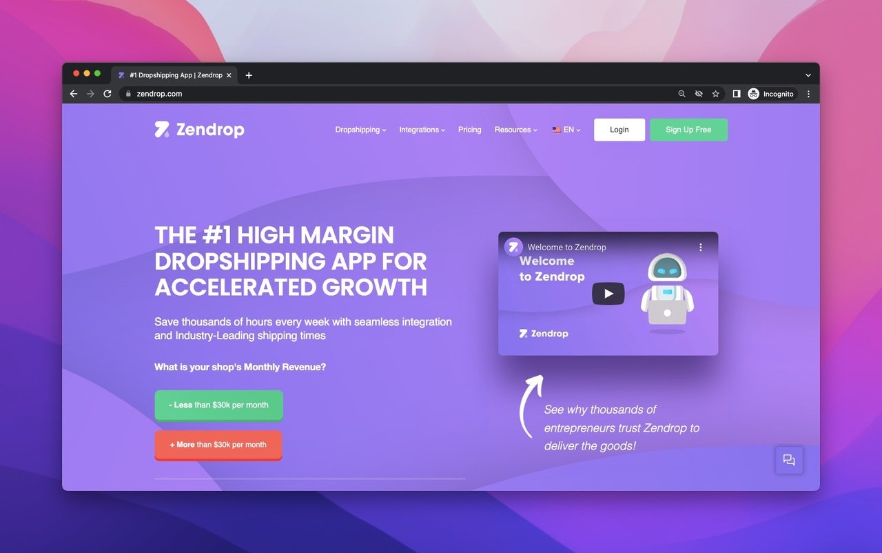 zendrop-webpage with a purple background and a sign to watch the interactive video