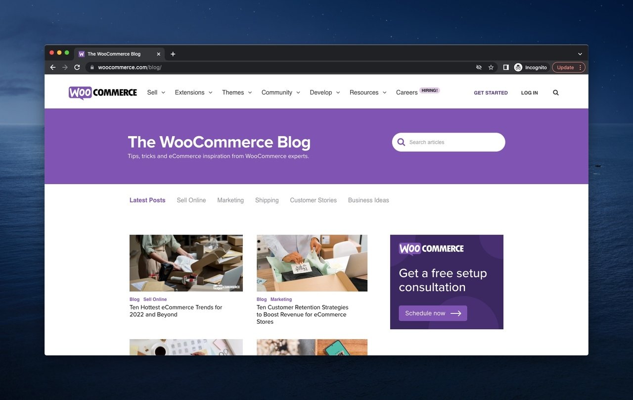 woocommerce blog on a purple banner and the two articles and a WooCommerce advertisement under it