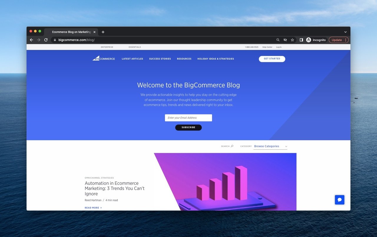 bigcommerce blog page a blue section with an explanation and an email bar, an article with a purple statistic cover and article's information under it