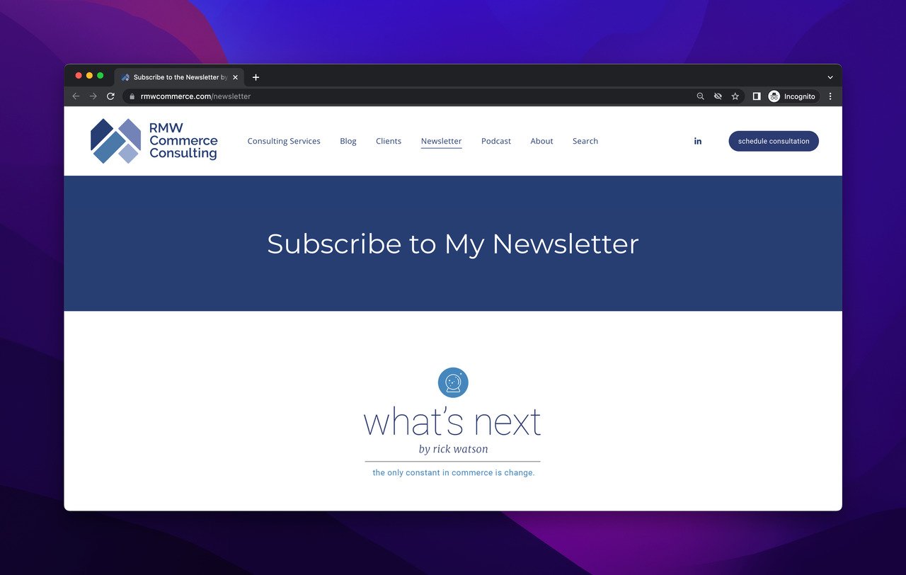 RMW ecommerce What's Next newsletter subscription page